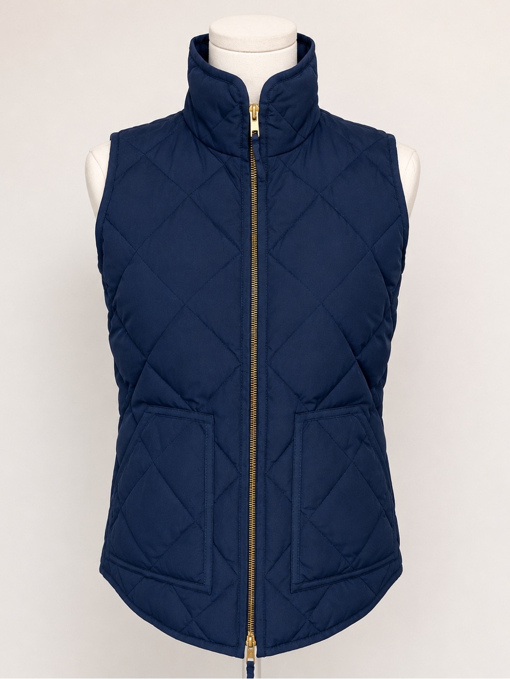 J. Crew XS Navy Blue Quilted Down Puffer Vest Gold Zip Preppy